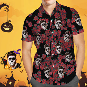 Benutzerdefiniertes Lustiges Gesichts-hawaii-shirt, Halloween-foto-shirt, Schwarze Rose, Halloween-drama-geschenk - DePhotoBoxer