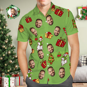 Benutzerdefiniertes Gesicht Hawaiihemd, Personalisiertes Foto, Grüne Hawaiihemden, Schneemann Und Weihnachtsgeschenk Für Ihn - DePhotoBoxer