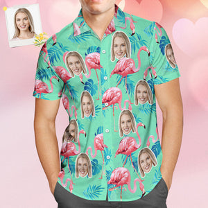 Hawaii-hemd Mit Individuellem Gesicht, Flamingo-tropenhemd Für Männer, Komplett Bedruckt Mit Grün Und Palmblättern - DePhotoBoxer