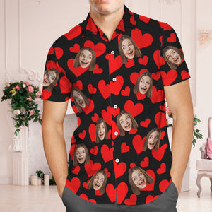 Hawaiihemd Mit Individuellem Gesicht, Flamingo-tropenhemd, Paar-outfit, Rote Herzen, Valentinstagsgeschenke Für Paare - DePhotoBoxer