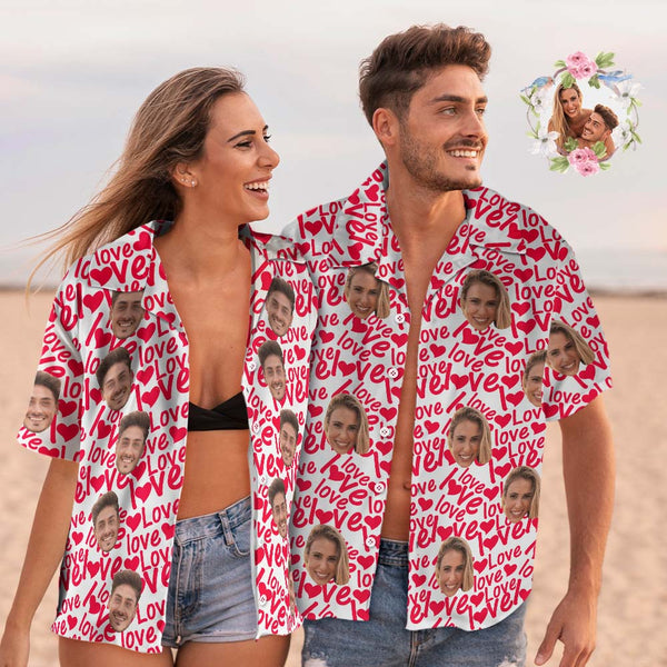 Hawaiihemd Mit Individuellem Gesicht, Paar-outfit, Komplett Bedrucktes Liebeshemd, Valentinstagsgeschenke - DePhotoBoxer