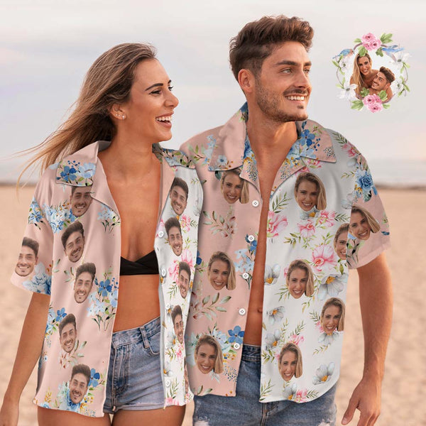 Benutzerdefinierte Gesicht Hawaiian Shirt Shirt Paar Outfit Patchwork Druck Shirt Valentinstag Geschenke - DePhotoBoxer