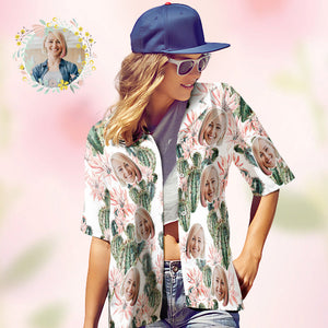Hawaiihemd Mit Individuellem Gesicht, Flamingo-tropenhemd Für Frauen, Komplett Bedruckt Mit Grün Und Palmblättern - DePhotoBoxer