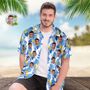 Benutzerdefiniertes Hawaii-hemd Für Männer, Personalisiertes Kurzarm-hemd Mit Bild, Gesicht, Foto, Bedrucktes Hawaii-hemd, Blaue Blume - DePhotoBoxer
