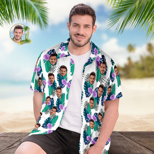 Benutzerdefiniertes Hawaii-hemd Für Männer, Personalisiertes Kurzarm-hemd Mit Bild, Gesicht, Foto, Bedrucktes Hawaii-hemd, Grüne Blume - DePhotoBoxer