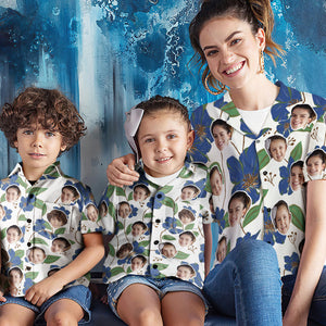 Benutzerdefinierte Gesicht Shirt Frauen und Kinder Hawaii Shirts Kurzarm Shirt Muttertag Geschenk Blaue Blumen