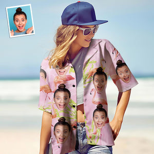 Benutzerdefiniertes Gesicht Hawaiihemd für Frauen Personalisiertes Frauen Foto Hawaiihemd Geschenk für sie - Pink Flamingo