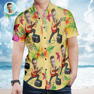 Benutzerdefiniertes Gesicht und Text Hawaiihemd Kurzarmhemd Blumen Strand Sommer Gitarrist Hemden für Männer