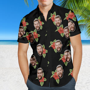 Benutzerdefiniertes Gesicht Hawaiihemd Personalisierte Foto Sommerhemden für Männer - Rote Blumen