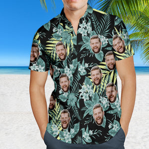 Benutzerdefiniertes Gesicht Hawaiihemd Personalisierte Foto Sommerhemden für Männer - Grüne Blumen