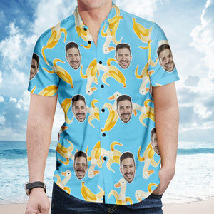 Benutzerdefiniertes Gesicht Hawaiihemd Personalisiertes Foto Bananen Ente Sommerhemden für Männer - Blau