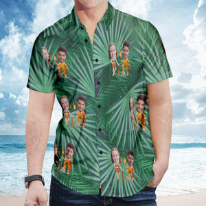 Benutzerdefinierte Paar Gesicht Hawaiihemd Personalisierte Savage Männer Sommerhemden - grüne Blätter