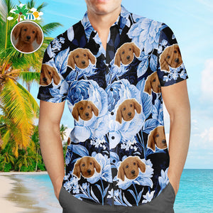 Hawaii-hemd Mit Individuellem Gesicht, Tropisches Blau, Retro-blume, Beliebtes All-over-print-hawaii-strandhemd Für Herren, Weihnachtsgeschenk - DePhotoBoxer