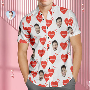 Benutzerdefiniertes Gesicht und Name Hawaiian Shirt Personalisierte Männer Foto Liebe Shirt Valentinstag Geschenk Rotes Herz