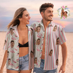 Hawaii-hemden Mit Individuellem Gesicht, Personalisierte Paar-flamingo-hemden, Lässig, Kurzärmelig, Valentinstagsgeschenk - DePhotoBoxer