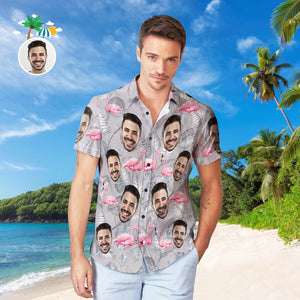 Benutzerdefiniertes Gesicht Hawaiihemd, Personalisiertes Herrenfoto, Lässiges Resort-flamingo-druckhemd, Urlaubsparty-geschenk - DePhotoBoxer