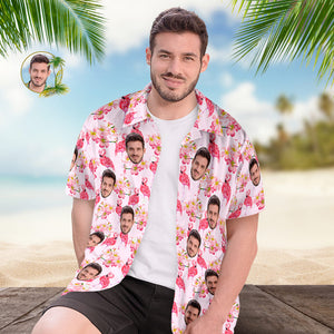 Benutzerdefiniertes Gesicht Hawaii-hemd Für Ihn, Personalisiertes Herren-foto-shirt, Rosa Flamingo, Valentinstagsgeschenk - DePhotoBoxer
