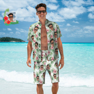 Benutzerdefiniertes Gesicht Hawaiihemd Und Strandshorts Set Personalisiertes Herrenfoto Tropisches Aloha-set Urlaubsparty-geschenk - DePhotoBoxer