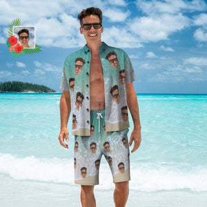 Benutzerdefiniertes Gesicht-hawaii-hemd Und Strandshorts-set, Personalisiertes Herren-foto-wellen-druck-set, Urlaubsparty-geschenk - DePhotoBoxer