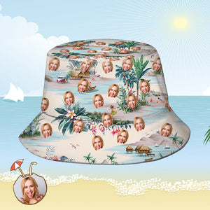 Maßgeschneiderter Fischerhut mit personalisiertem Gesicht Allover-Print Tropischer Blumendruck Hawaiischer Fischerhut – Meerblick