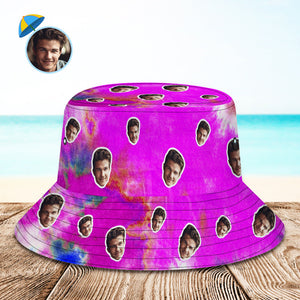 Benutzerdefinierte Bucket Hat Unisex Gesicht Bucket Hat Personalisierte Breite Krempe Outdoor Sommer Cap Wandern Strand Sport Hüte Tie Dye - Violett - DePhotoBoxer