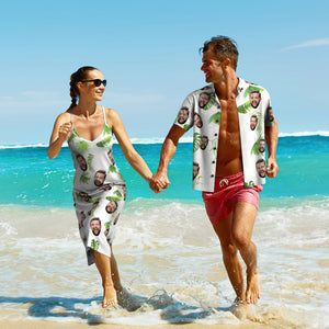 Benutzerdefiniertes Gesicht Hawaiian Stil Frische Palmenblätter langes Kleid und Hemd Paar Outfit