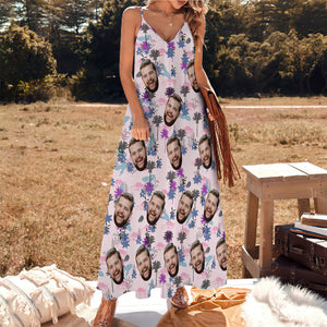 Benutzerdefinierte Gesicht Sling Hawaiian Stil langes Kleid über Print Wolken und Bäume