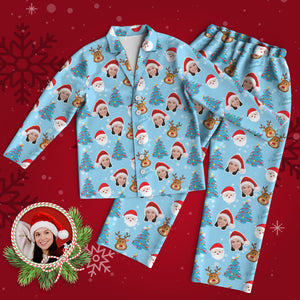 Benutzerdefinierter Gesichts-pyjama, Personalisierter Blauer Foto-pyjama, Weihnachtsmann Und Elch, Weihnachtsgeschenke - DePhotoBoxer