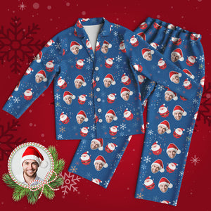 Benutzerdefinierter Gesichts-pyjama, Personalisierter Blauer Foto-pyjama, Niedliche Weihnachtsmann-weihnachtsgeschenke Für Die Familie - DePhotoBoxer
