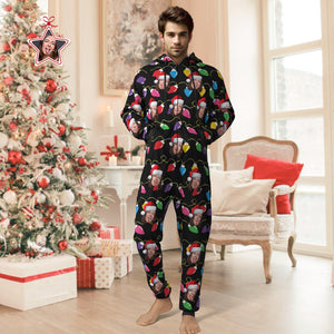 Benutzerdefinierte Gesichts-weihnachtslichter, Bedruckter Flanell-fleece-einteiler-pyjama, Personalisierter Gesichts-jumpsuit, Homewear, Weihnachtsgeschenk - DePhotoBoxer