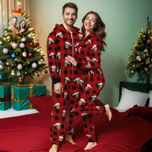 Benutzerdefinierte Onesies Foto Pyjama Einteiler Nachtwäsche Rot Und Schwarz Karierten Overall Homewear Weihnachtsgeschenk - DePhotoBoxer