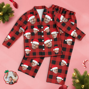 Benutzerdefinierter Gesichts-pyjama, Personalisiertes Foto, Weihnachts-familien-büffel-karo-pyjama - DePhotoBoxer