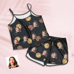 Benutzerdefinierte Gesicht Pyjamas Straps Schlafanzug Shorts Dessous Set Sommer Nachtwäsche mit Cookies