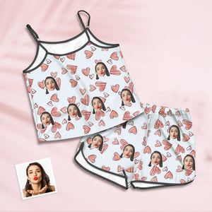 Benutzerdefinierte Gesicht Pyjamas Straps Schlafanzug Shorts Dessous Set Sommer Nachtwäsche mit rosa Herz