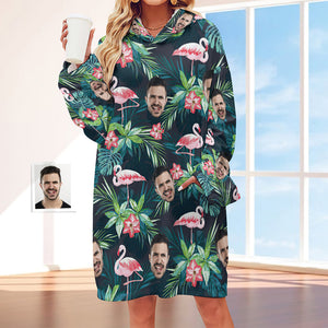 Benutzerdefinierte Gesicht Erwachsene Unisex Decke Hoodie Personalisierte Decke Pyjama Geschenk Hawaiian Flamingos