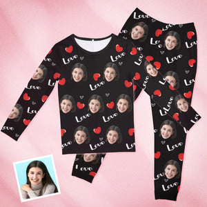 Benutzerdefinierte Gesicht Schwarz Pyjamas Personalisierte Rundhals Liebe Herz Pyjamas für Frauen Valentinstag Geschenk