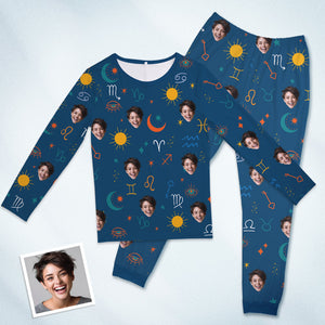 Benutzerdefinierte Gesichts-pyjama-nachtwäsche, Personalisierter Blauer Rundhals-pyjama Mit Sternbild-symbol Für Damen Und Herren - DePhotoBoxer