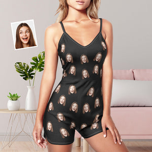 Benutzerdefinierte Face Sling Jumpsuit Shorts Personalisiertes Foto Ärmelloser Pyjama Für Frauen - DePhotoBoxer