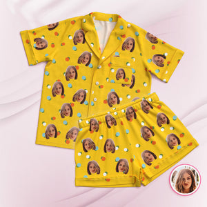 Kurzärmeliger Pyjama Mit Individuellem Gesicht, Personalisiertes Foto, Gelbe Nachtwäsche, Urlaubsgeschenke - DePhotoBoxer