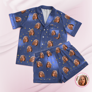 Kurzärmliger Pyjama Mit Individuellem Gesicht, Personalisiertes Foto, Blaue Nachtwäsche, Sterne, Urlaubsgeschenke - DePhotoBoxer
