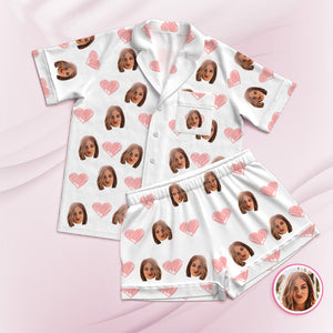 Kurzärmliger Pyjama Mit Individuellem Gesicht, Personalisiertes Foto, Weiße Nachtwäsche, Rosa Herz, Weihnachtsgeschenke - DePhotoBoxer