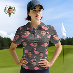 Poloshirts Für Damen Mit Individuellem Gesicht, Personalisierte Flamingo- Und Monstera-blätter - DePhotoBoxer