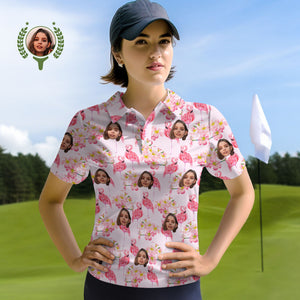 Poloshirts Für Damen Mit Individuellem Gesicht, Personalisierte Rosa Flamingo-blätter - DePhotoBoxer