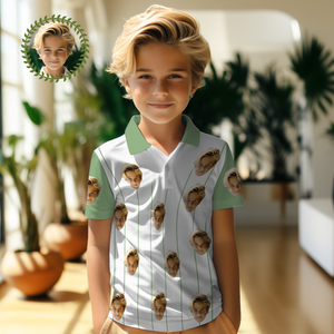 Custom Face Kinder-poloshirts, Personalisiertes Foto-shirt, Grüne Streifen - DePhotoBoxer