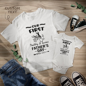 Personalisierte Name Shirt Benutzerdefinierte Daddy und Baby passende Outfits Unsere ersten Vatertag Geschenke Bier