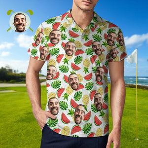 Herren-poloshirt Mit Individuellem Gesicht, Ananas Und Wassermelone, Personalisierte Hawaiianische Golf-shirts - DePhotoBoxer
