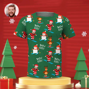 Benutzerdefinierte Gesicht Männer T-Shirt Personalisierte Foto Grüner Weihnachtsmann T-Shirt mit Schnee Cool