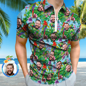 Benutzerdefiniertes Poloshirt Mit Reißverschluss Personalisiertes Gesicht Hawaiian Style Herren Poloshirt Für Ihn - DePhotoBoxer