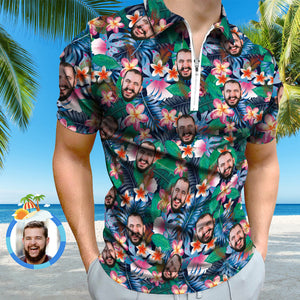Kundenspezifisches Polo-shirt Im Hawaiianischen Stil Mit Reißverschluss Personalisiertes Gesicht Männer-polo-shirt Für Ihn - DePhotoBoxer