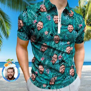 Benutzerdefiniertes Polo-shirt Im Hawaiianischen Stil Mit Reißverschluss Personalisiertes Gesichts-polo-shirt Für Freund Oder Ehemann - DePhotoBoxer